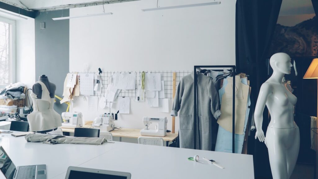 Fashion design studio with sewing materials and mannequins